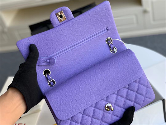 Ch*el medium classic flap bag grained calfskin silver tone metal purple 01112