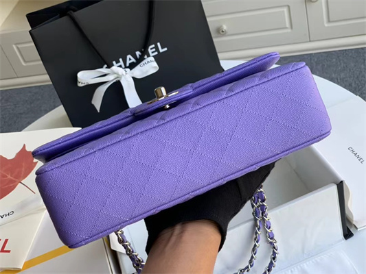 Ch*el medium classic flap bag grained calfskin silver tone metal purple 01112
