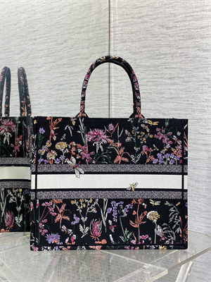 cd large book tote black multicolor D*or herbarium embroidery