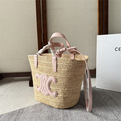 ce**e teen S*pple classic panier in raffia and calfskin pink