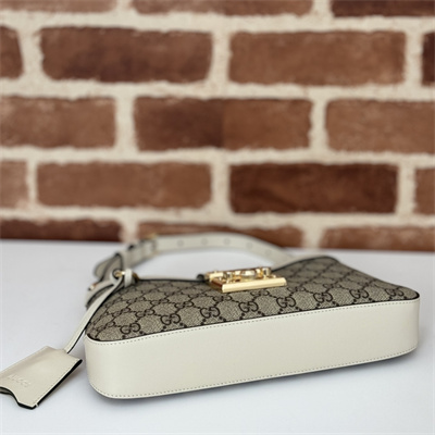 gu.cci padlock small shoulder bag beige and ebony gg S*p*e canvas white leather trim 811705