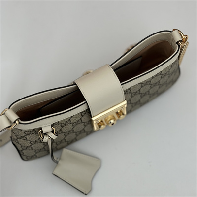 gu.cci padlock small shoulder bag beige and ebony gg S*p*e canvas white leather trim 811705