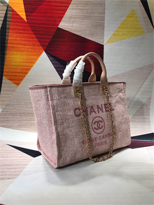 Cha.nel Deauville Large Shopping Bag Mixed Linen Fibers Gold Tone Metal Pink A66941