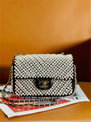 Ch*el mini classic flap bag with pearls gold tone metal