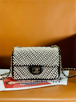 Ch*el mini classic flap bag with pearls gold tone metal