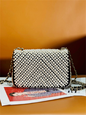 Ch*el mini classic flap bag with pearls gold tone metal