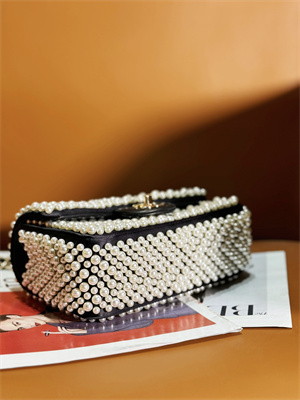 Ch*el mini classic flap bag with pearls gold tone metal
