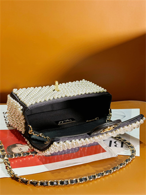 Ch*el mini classic flap bag with pearls gold tone metal