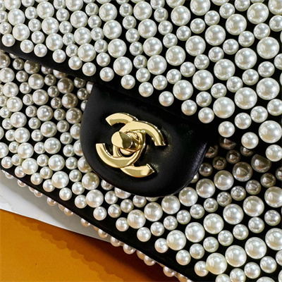 Ch*el mini classic flap bag with pearls gold tone metal