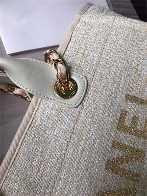 Ch*el deauville large shopping bag mixed fibers gold tone metal cream a66941