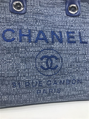 Ch*el deauville large shopping bag mixed fibers gold tone metal blue a66941
