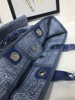 Ch*el deauville large shopping bag mixed fibers gold tone metal blue a66941