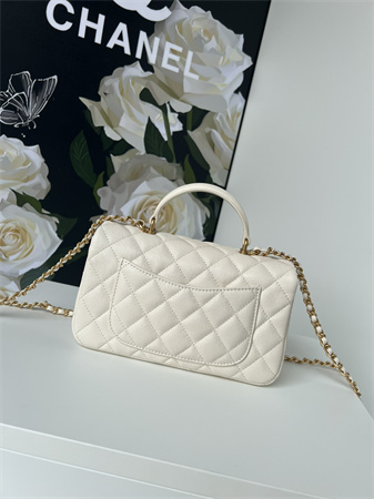 Ch*el mini flap bag with top handle grained calfskin gold tone metal white as2431