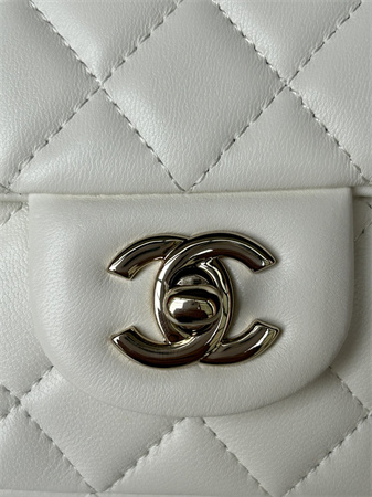 Ch*el mini flap bag with top handle lambskin gold tone metal white as2431