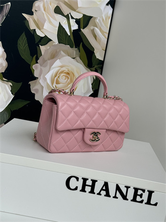 Ch*el mini flap bag with top handle lambskin gold tone metal pink as2431