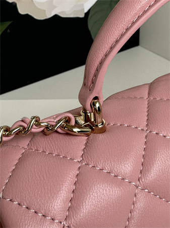 Ch*el mini flap bag with top handle lambskin gold tone metal pink as2431