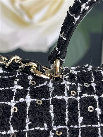 Ch*el mini flap bag with top handle tweed gold tone metal black/white as2431