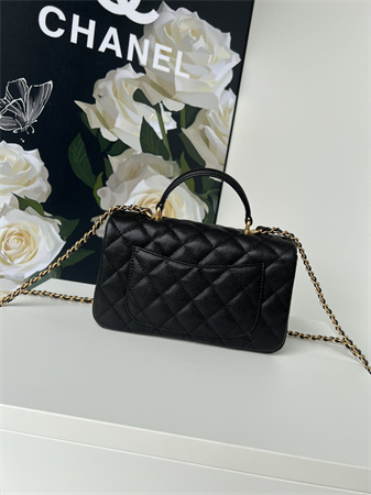 Ch*el mini flap bag with top handle grained calfskin gold tone metal black as2431