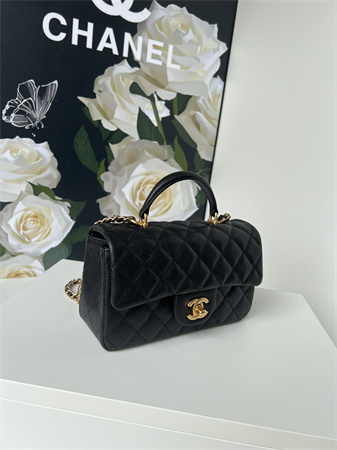 Ch*el mini flap bag with top handle grained calfskin gold tone metal black as2431