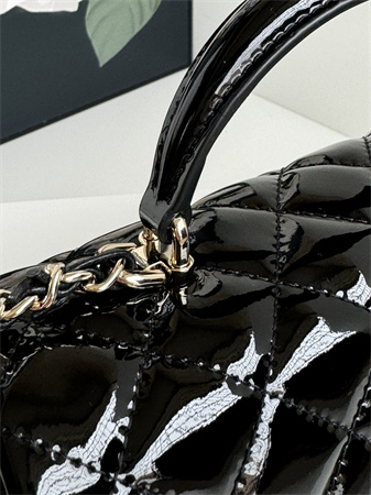Ch*el mini flap bag with top handle patent calfskin gold tone metal black as2431