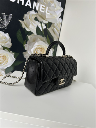 Ch*el mini flap bag with top handle lambskin gold tone metal black as2431