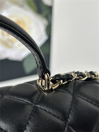 Ch*el mini flap bag with top handle lambskin gold tone metal black as2431