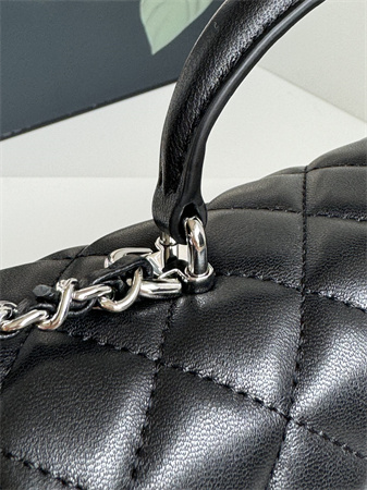 Ch*el mini flap bag with top handle lambskin silver tone metal black as2431