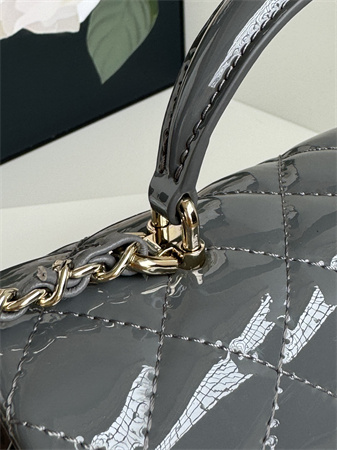 Ch*el mini flap bag with top handle patent calfskin gold tone metal grey as2431