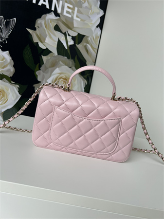 Ch*el mini flap bag with top handle lambskin gold tone metal lt pink as2431
