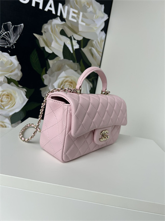 Ch*el mini flap bag with top handle lambskin gold tone metal lt pink as2431