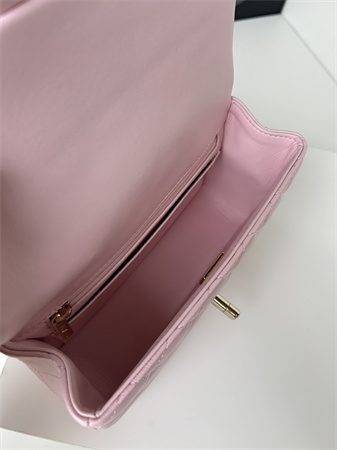Ch*el mini flap bag with top handle lambskin gold tone metal lt pink as2431