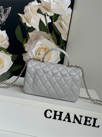 Ch*el mini flap bag with top handle lambskin gold tone metal grey as2431