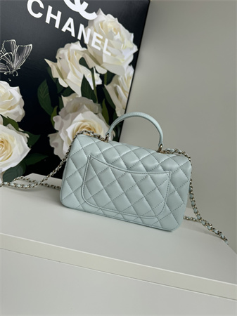 Ch*el mini flap bag with top handle lambskin gold tone metal pale blue as2431