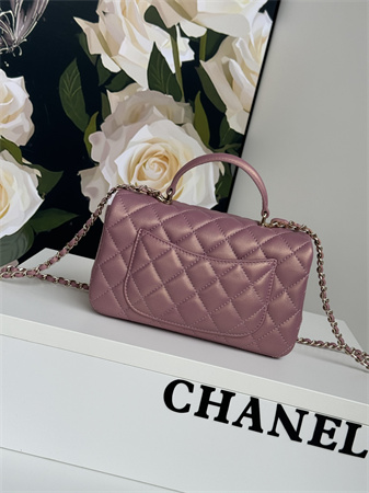 Ch*el mini flap bag with top handle lambskin gold tone metal dk pink as2431