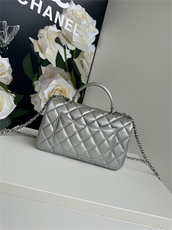 Ch*el mini flap bag with top handle grained calfskin silver tone metal silver as2431