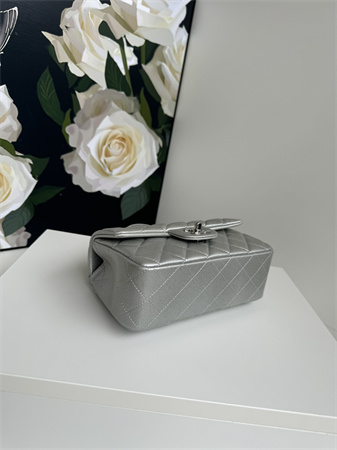 Ch*el mini flap bag with top handle grained calfskin silver tone metal silver as2431