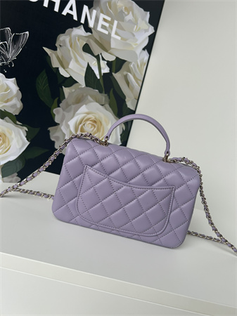 Ch*el mini flap bag with top handle lambskin gold tone metal lilac as2431