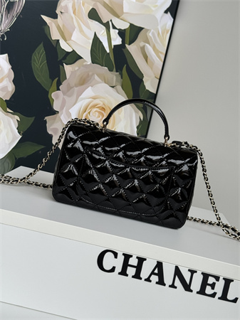 Ch*el mini flap bag with top handle charm patent calfskin gold tone metal black as2431
