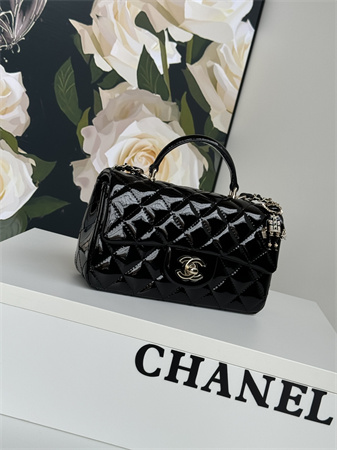 Ch*el mini flap bag with top handle charm patent calfskin gold tone metal black as2431