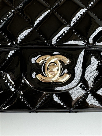 Ch*el mini flap bag with top handle charm patent calfskin gold tone metal black as2431