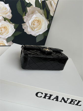 Ch*el mini flap bag with top handle charm patent calfskin gold tone metal black as2431