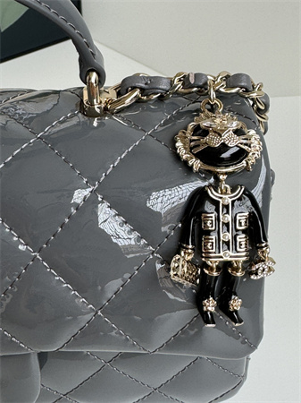 Ch*el mini flap bag with top handle charm patent calfskin gold tone metal grey as2431