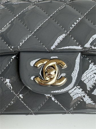 Ch*el mini flap bag with top handle charm patent calfskin gold tone metal grey as2431