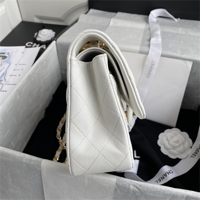 Ch*el medium classic flap bag grained calfskin gold tone metal white 01112