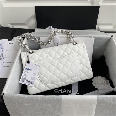 Ch*el medium classic flap bag grained calfskin silver tone metal white 01112