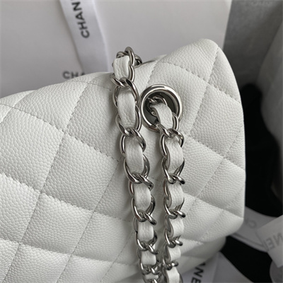 Ch*el medium classic flap bag grained calfskin silver tone metal white 01112