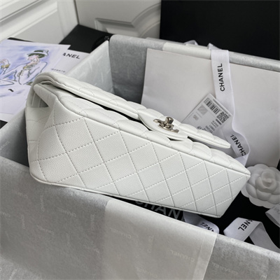 Ch*el medium classic flap bag grained calfskin silver tone metal white 01112