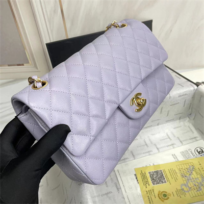 Ch*el medium classic flap bag grained calfskin gold tone metal lilac 01112