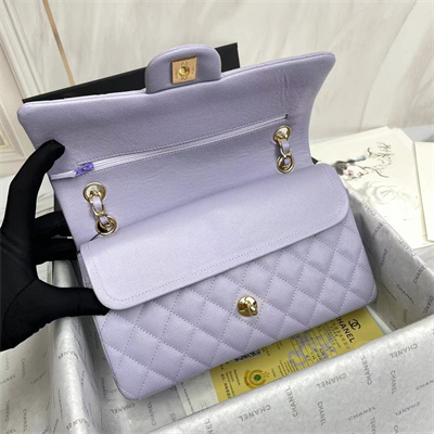 Ch*el medium classic flap bag grained calfskin gold tone metal lilac 01112