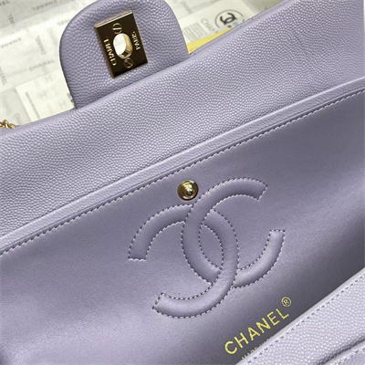 Ch*el medium classic flap bag grained calfskin gold tone metal lilac 01112